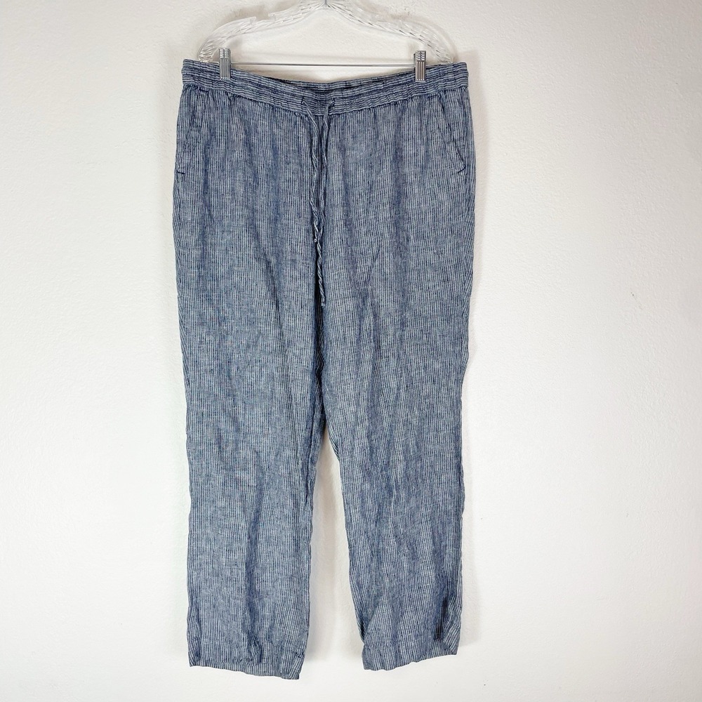 Talbots Wide Leg Linen Pants Womens 14W Blue Stripe‎ Coastal Preppy Beach Travel